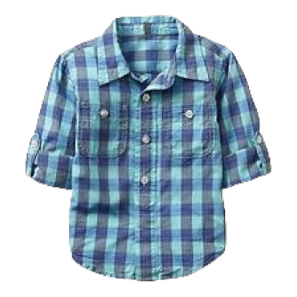 Gap Boys Shirt Size 2 Oceanside Blue Plaid Roll Tab Cuff Button Up‎ Front